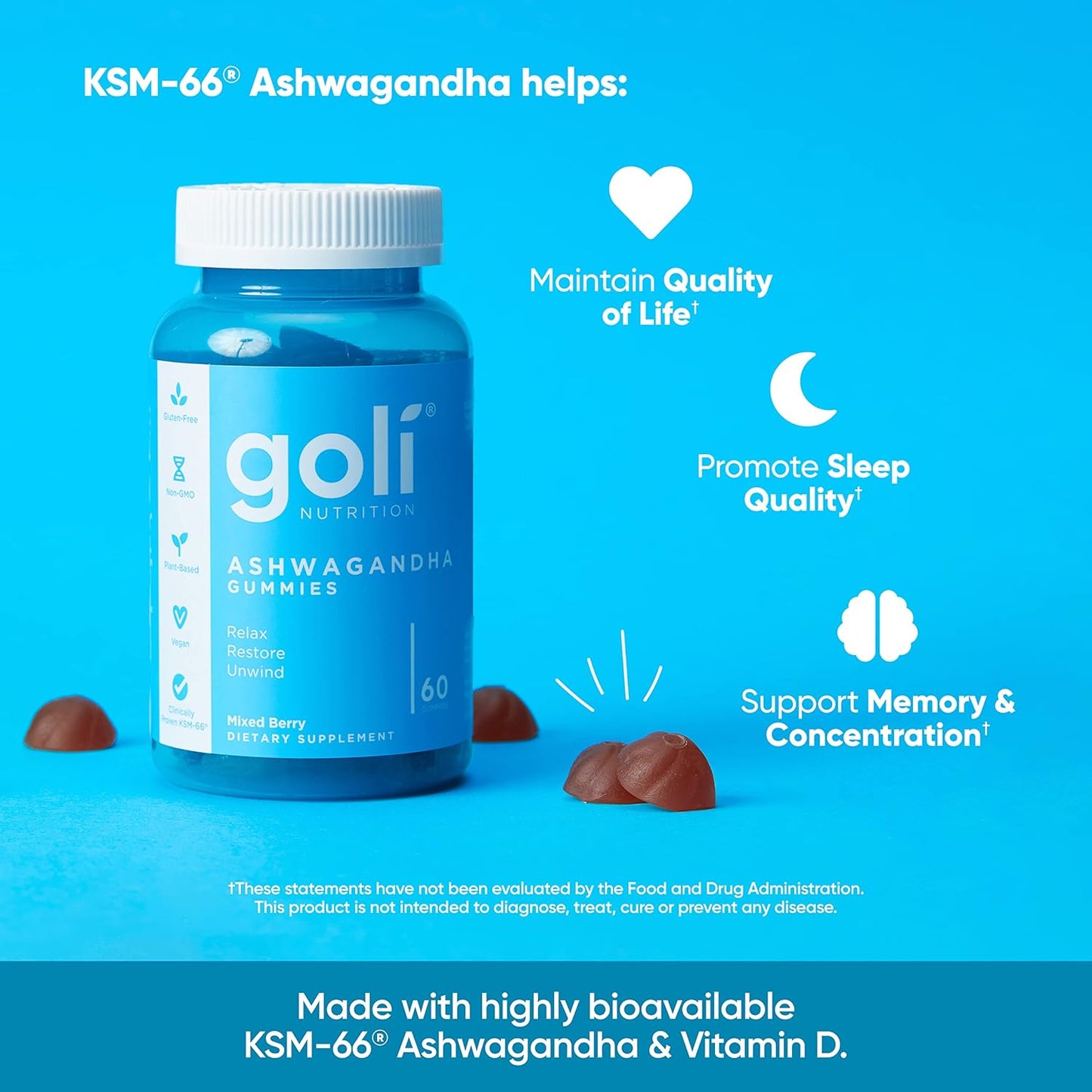 Indulge in Relaxation with Delicious Vegan Ashwagandha & Vitamin D Gummies - 60 Mixed Berry Gummies for Stress Relief and Wellness - Non-GMO & Gluten-Free