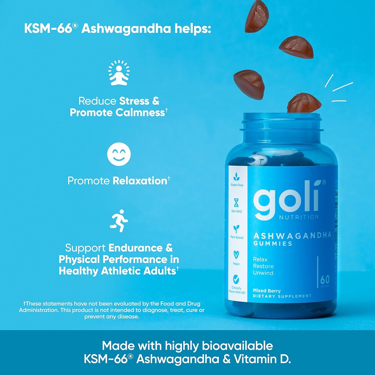 Indulge in Relaxation with Delicious Vegan Ashwagandha & Vitamin D Gummies - 60 Mixed Berry Gummies for Stress Relief and Wellness - Non-GMO & Gluten-Free