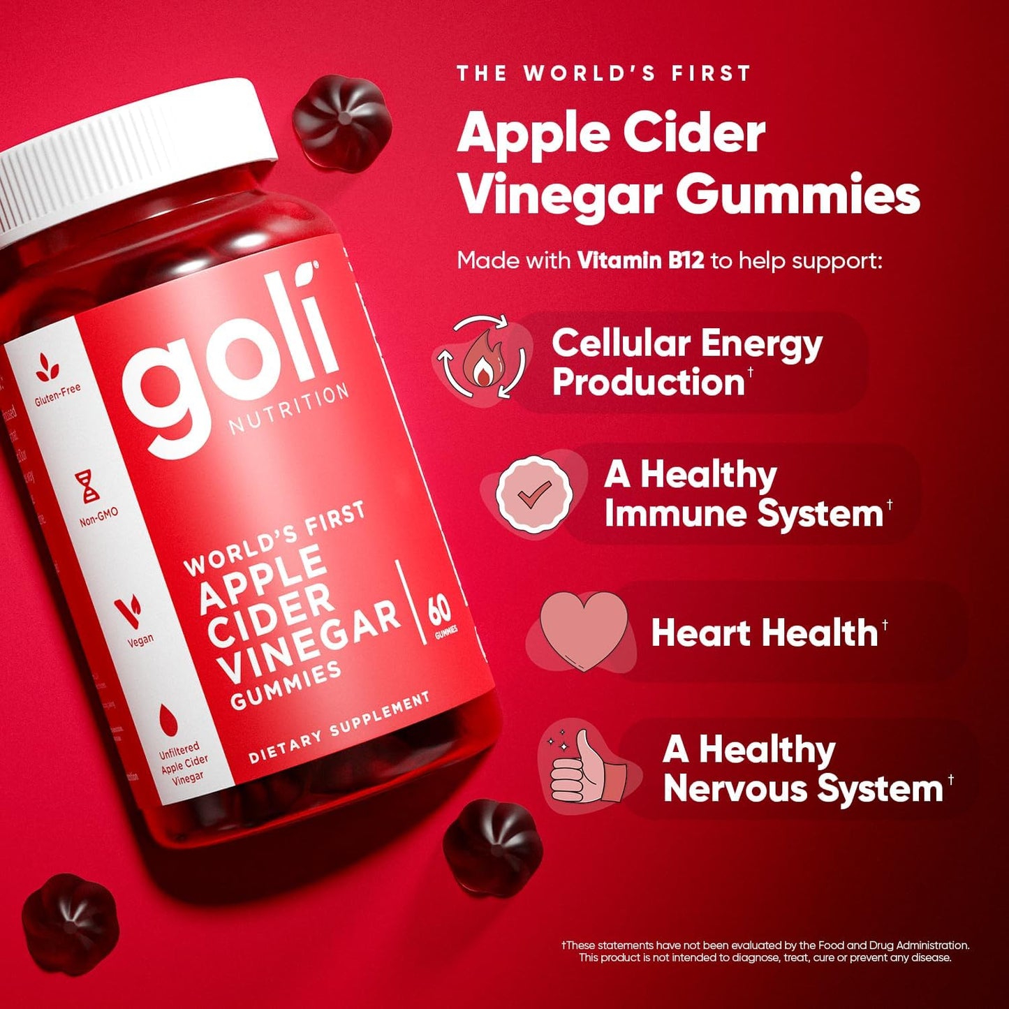 Revitalize Your Health with Delicious Vegan Apple Cider Vinegar Gummies Infused with Vitamin B12 - 60 Count of Gelatin-Free, Gluten-Free & Non-GMO Goodness