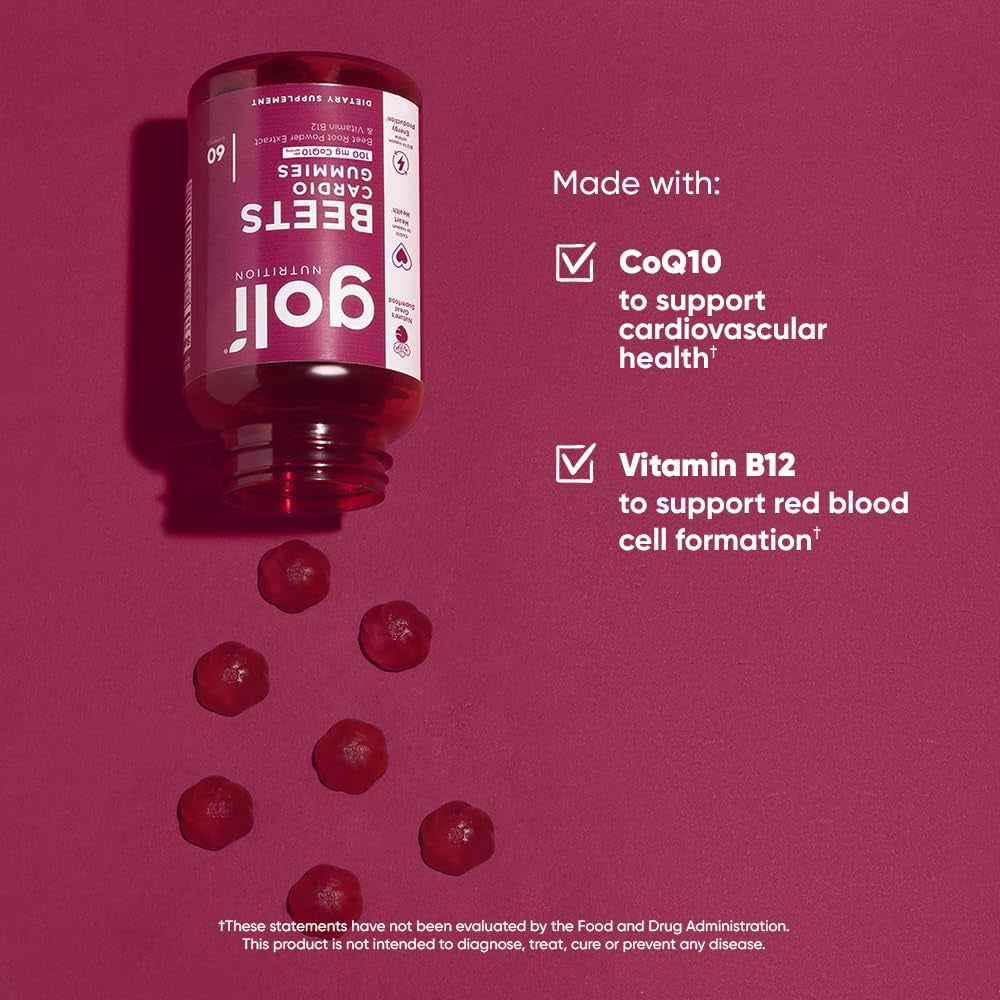 Beets Cardio Gummies - 60 Count, Packed with 100mg CoQ10 & Beet Root Extract - Gluten-Free, Vegan, Non-GMO Superfood for Heart Health