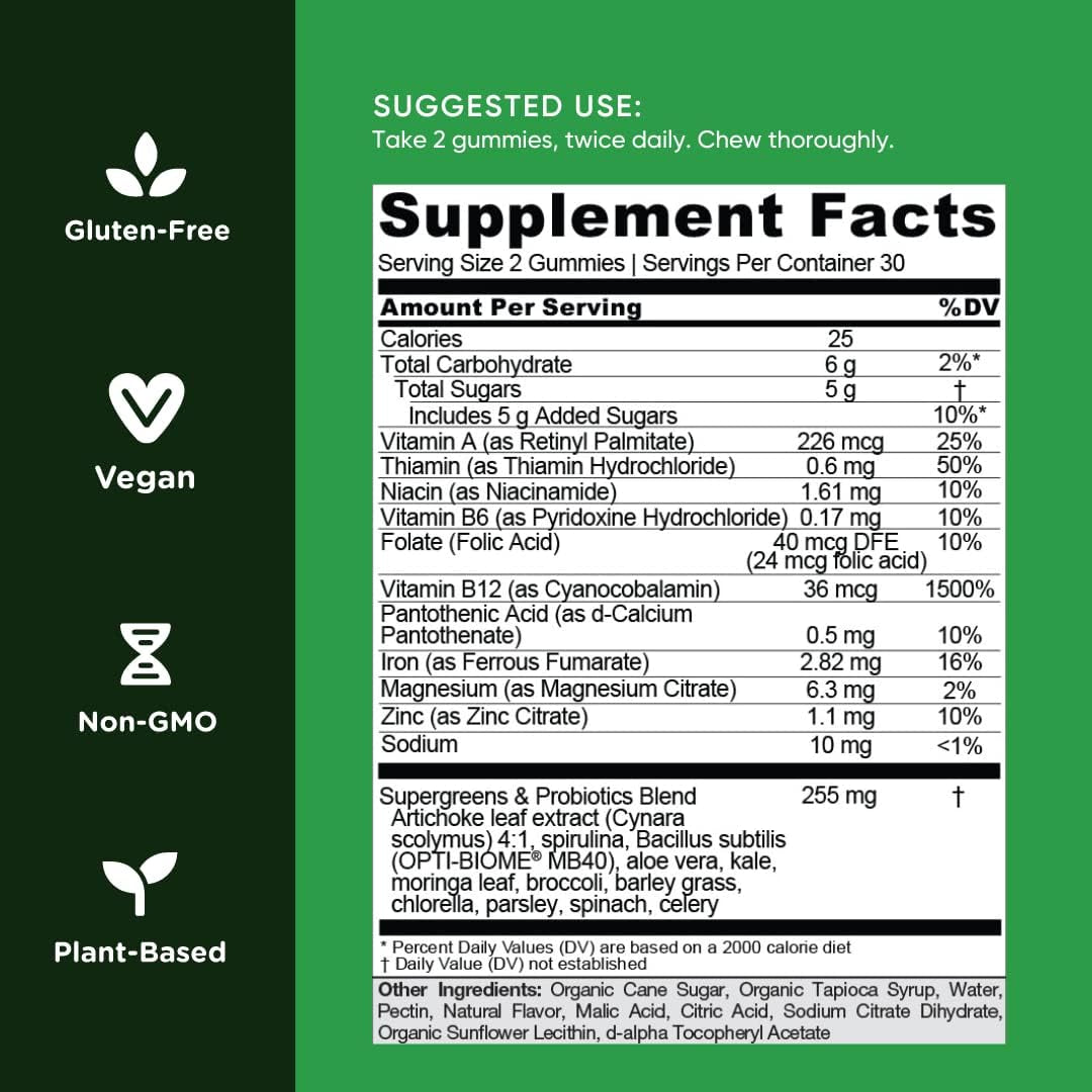 Supergreen Vitamin Gummy - 60 Vegan Gummies Packed with Essential Vitamins & Minerals - Gluten-Free & Gelatin-Free for Optimal Health