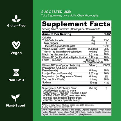 Supergreen Vitamin Gummy - 60 Vegan Gummies Packed with Essential Vitamins & Minerals - Gluten-Free & Gelatin-Free for Optimal Health