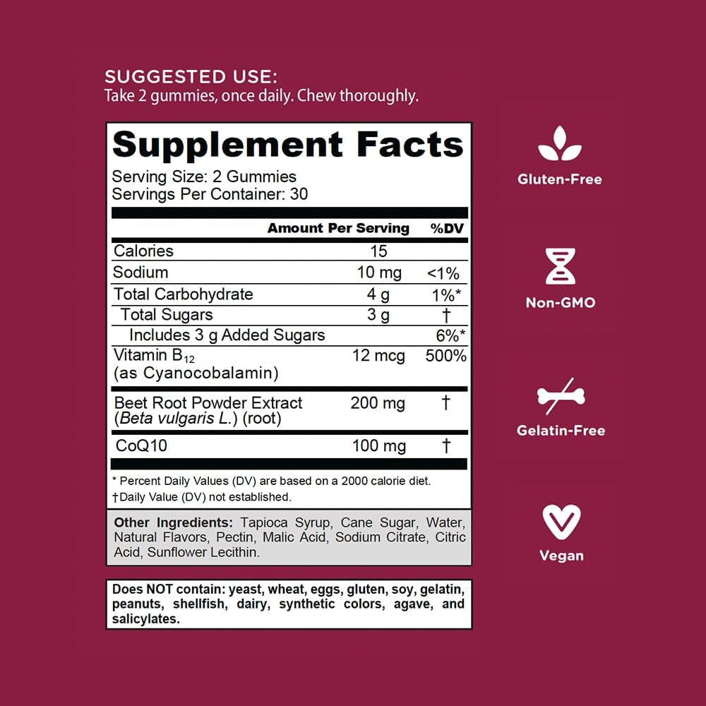 Beets Cardio Gummies - 60 Count, Packed with 100mg CoQ10 & Beet Root Extract - Gluten-Free, Vegan, Non-GMO Superfood for Heart Health