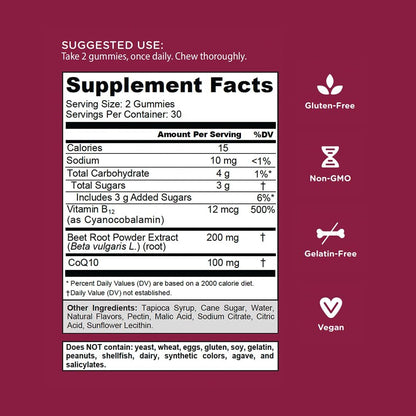 Beets Cardio Gummies - 60 Count, Packed with 100mg CoQ10 & Beet Root Extract - Gluten-Free, Vegan, Non-GMO Superfood for Heart Health