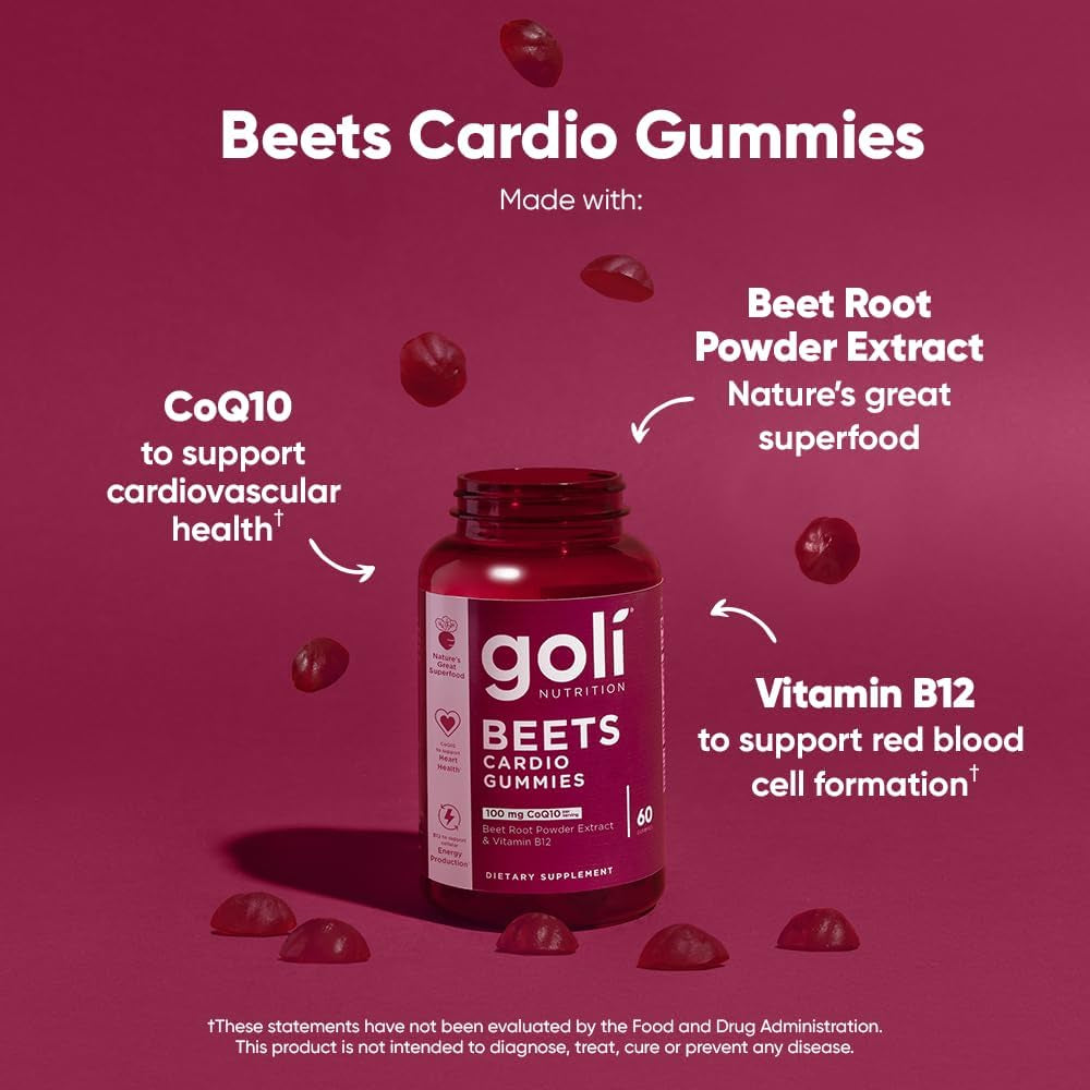 Beets Cardio Gummies - 60 Count, Packed with 100mg CoQ10 & Beet Root Extract - Gluten-Free, Vegan, Non-GMO Superfood for Heart Health
